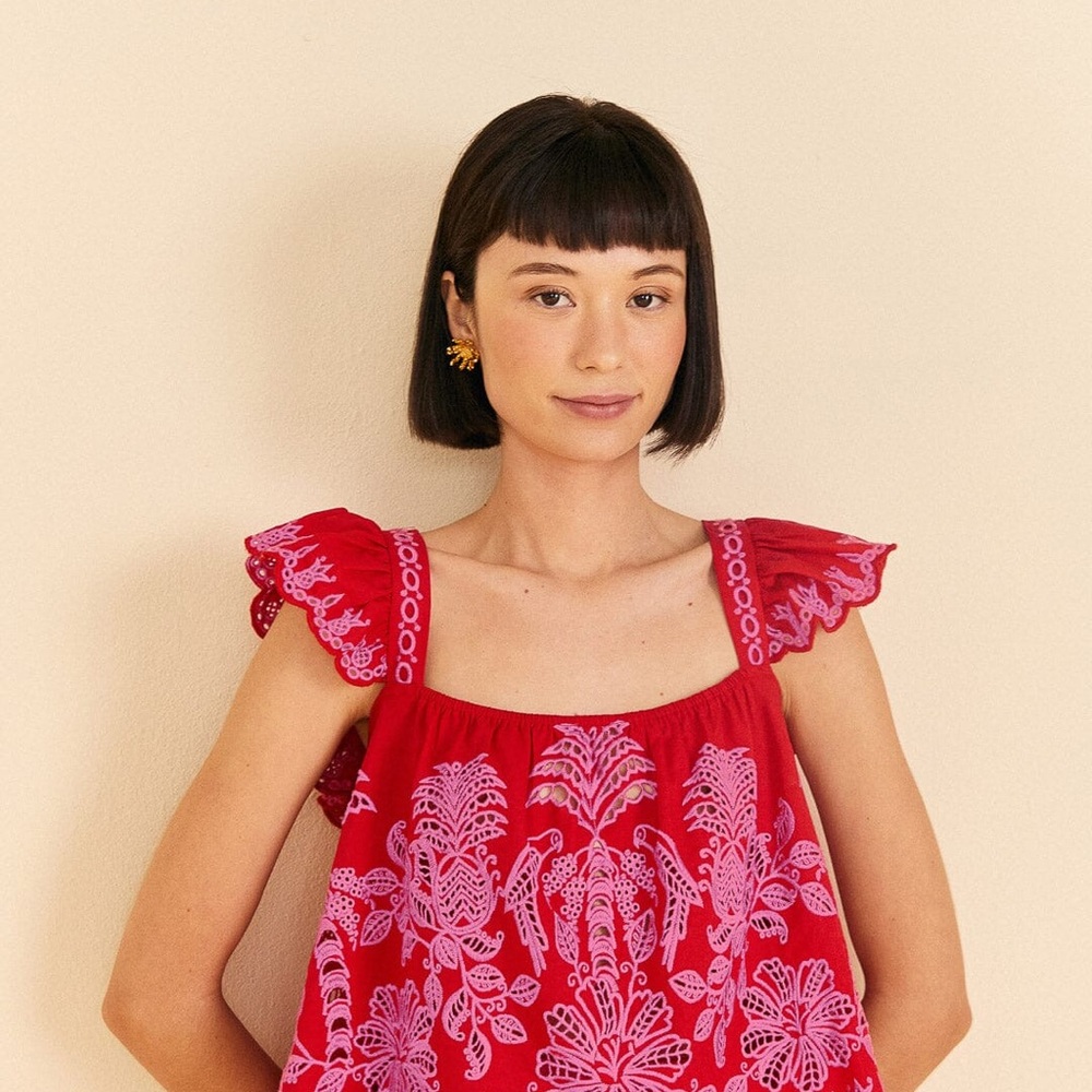 FARM Rio Red Palm Tree Richelieu Blouse - Picture 2 of 4